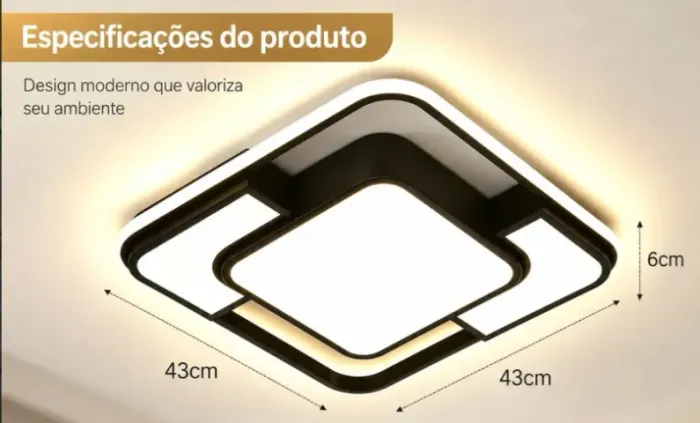 Luminária de Teto Quadrada de Sobrepor c/ Led 37w Bivolt Preto - NOVA