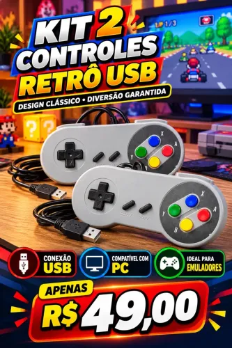 Kit 2 Controles Usb Joystick Super Nintendo Retro Pc Com Fio Snes