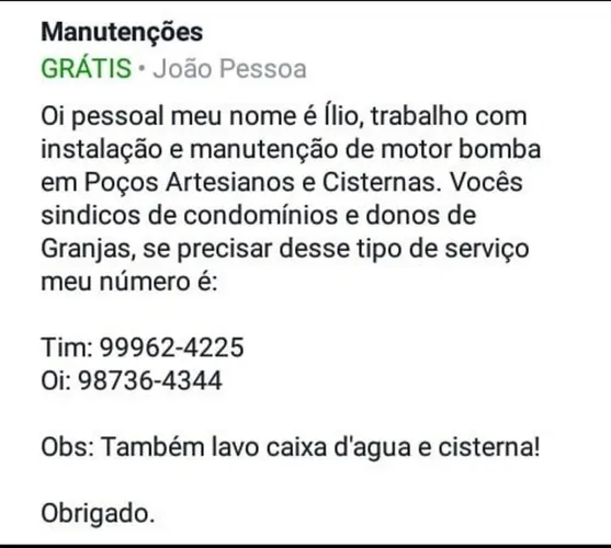 Serviços p/ poço artesiano- cisternas - cx d'água 