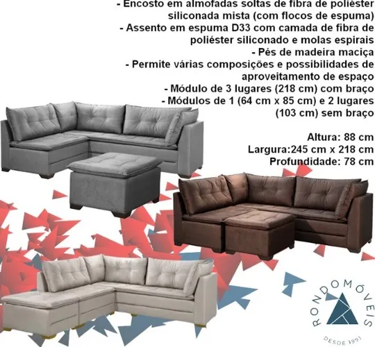 Sala Sofá Canto  Espuma D33 - Molas espirais-Cinza Marron e Linho 