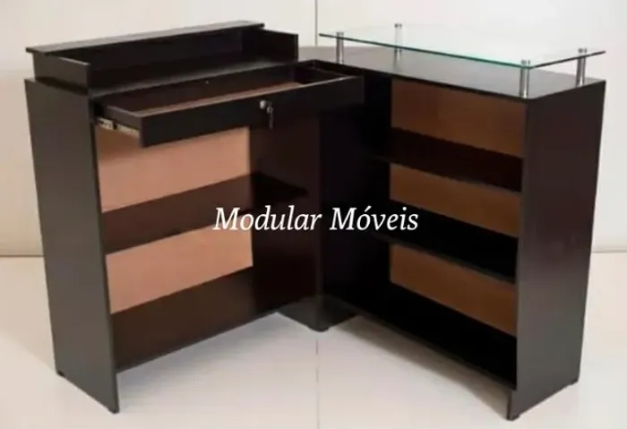 Balcão Caixa em L + Balcão com Tampo de Vidro - MDF Preto