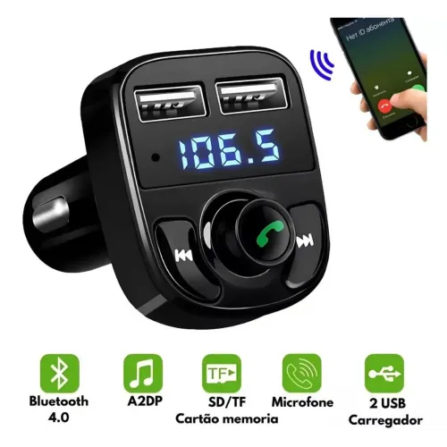 Adaptador bluetooth FM para carros com entradas para pen drive e cartao