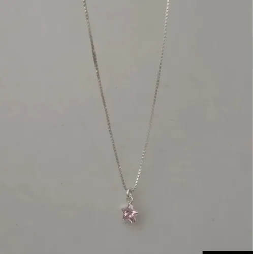 Colar estrela zircônia rosa 45cm Prata 925 legítima