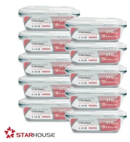 Kit 10 Potes Vidro 370ml Hermético Marmita Forno Refratário Star House