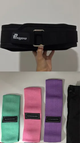 Kit Treino: Cinturão Musculação Pentágono + 3 Faixas Elásticas de Tecido