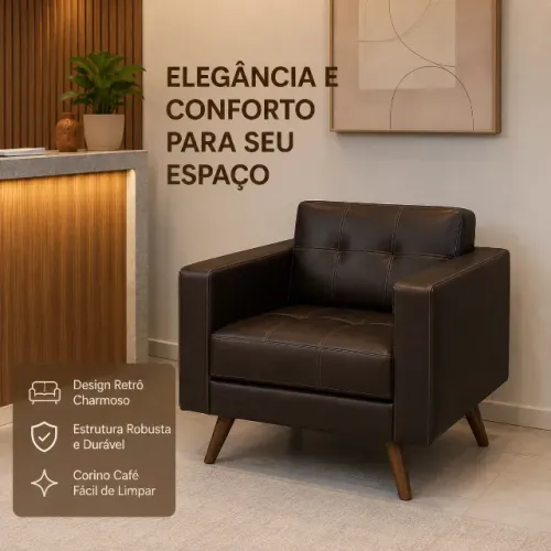 Cadeira Poltrona Sala Corino Café Estilo Retrô Pés Palito Charme Único 62400