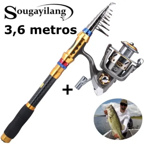 Kit Vara de Pesca 3,6 metros + Molinete Sougayilang em Fibra de Carbono Alta Performance