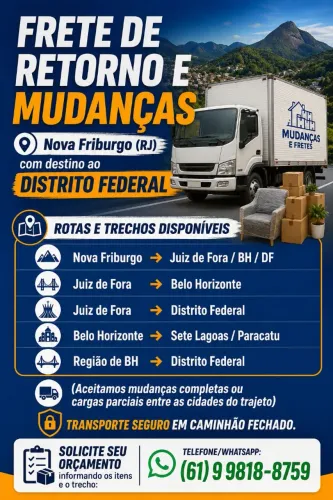 Frete e Mudança Retorno de Nova Friburgo RJ para Belo Horizonte e DF