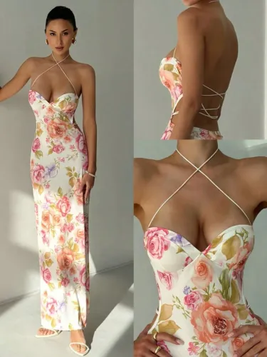 Vestido longo estampado colado