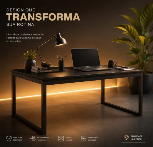 Mesa de Escritório Industrial 150x60cm Preta - Home Office em MDP e Aço