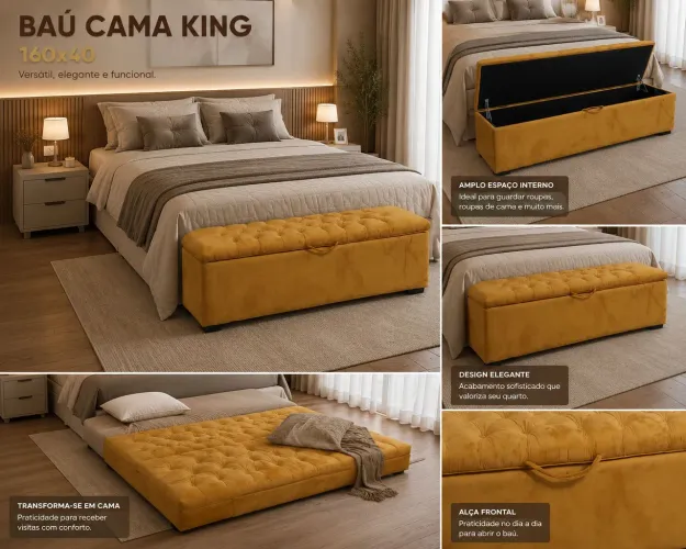Baú para Cama Box King - Tecido Dourado | Direto da Fábrica