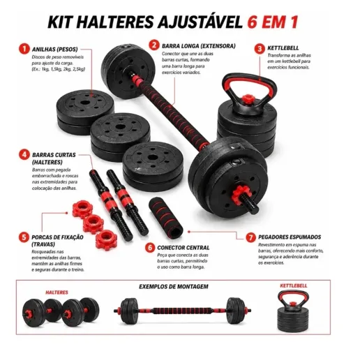 KIT com barras, manoplas, alteres/peso 40kg + Fita TRX profissional!