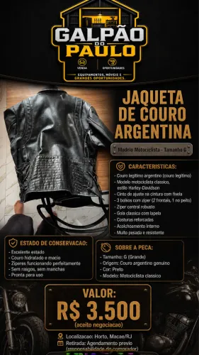 Jaqueta de Couro Argentina - Modelo Motociclista - Tamanho G