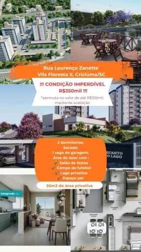 APARTAMENTO 2 QUARTOS NO RESIDENCIAL RECANTO DO LAGO CRICIÚMA
