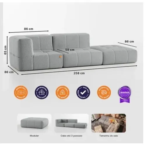 Sofá na Caixa modular 3 em Boucle - 1 Braço com Chaise (Cinza)