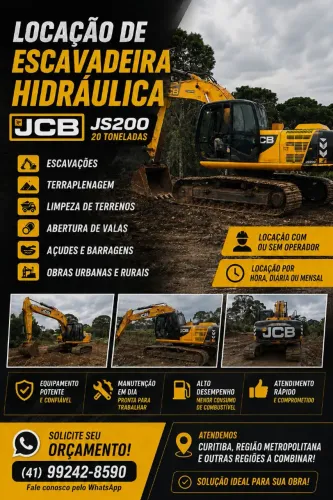 Locação de Escavadeira Hidráulica JCB JS200 20 Toneladas | Com ou Sem Operador