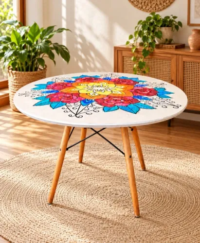 Mesa redonda pintada a mão em madeira.