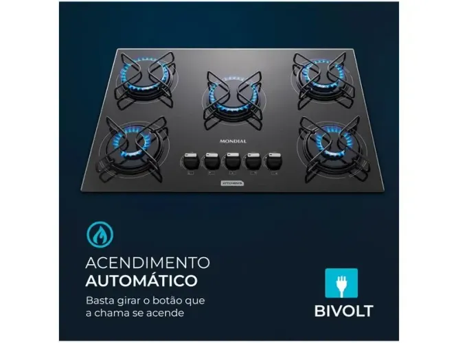 Cooktop 5 Bocas a Gás GLP Mondial Mesa de Vidro Preto Acendimento Automático CTG-02