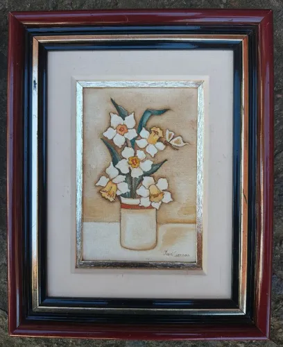 Quadro Miniatura Tela 9,5x14,5 cm Floral Em Alto Relevo Assinado Iara Campos