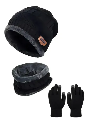 Kit Touca Gorro Cachecol + Luva Inverno Lã Pelinho Frio Cor Preto Tamanho Unico