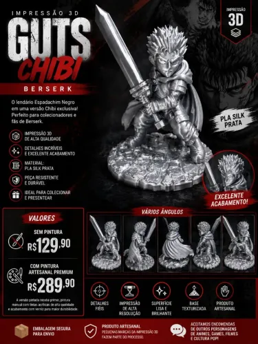 ? Guts Chibi - Berserk | Impressão 3D em PLA Silk Prata