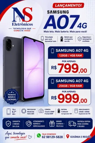 Smartphone Samsung Galaxy A07 256G 8GB de RAM + 8GB RAM Plus Tela 6.7 novo