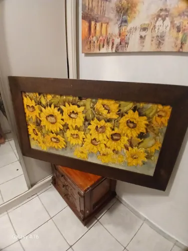 Quadro Girassóis Ricardo Queiroz (Gravatá) Tamanho Médio-Grande Com Contornos Dourados 