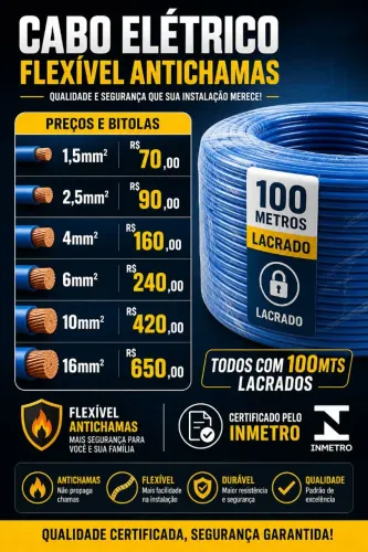 Cabos elétricos flexível antichamas certificado pelo Inmetro rolos 100mts 