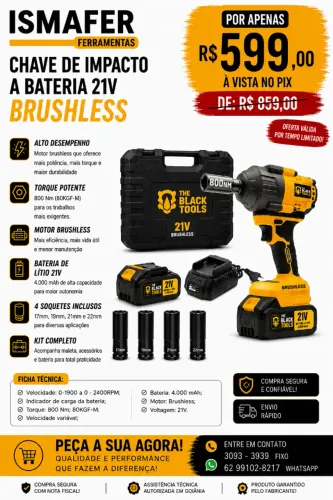 CHAVE DE IMPACTO A BATERIA 21V 80KG BIVOLT THE BLACK TOOLS - TB21IX
