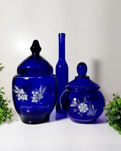 Duas Potiches Vidro Azul Cobalto 