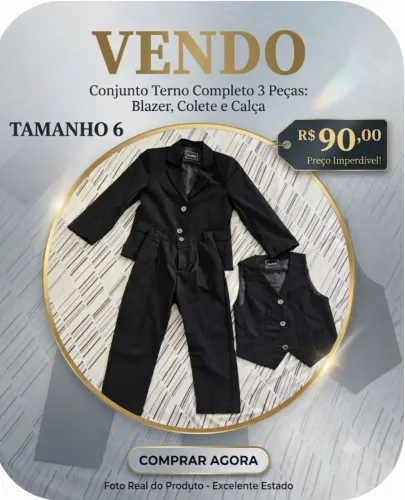 ?Terno Completo 3 Peças (Blazer + Colete + Calça) Tam 6 - Seminovo