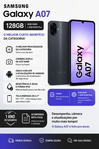 Celular Samsung Galaxy A07 128GB, 4GB, Câm. 50MP, Tela 6.7"- Preto