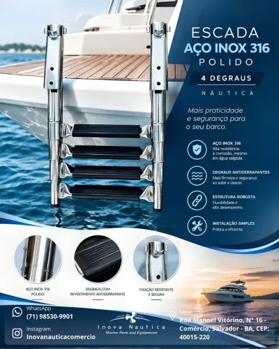 Escada Náutica 4 Degraus - Aço Inox 316 Polido