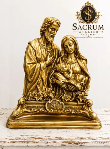 Busto grande Sagrada Família dourada em gesso 30cm
