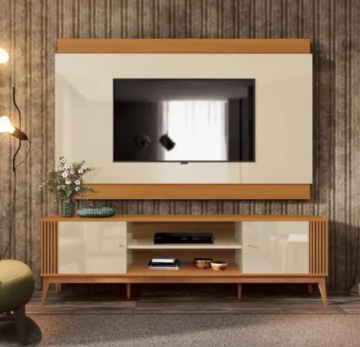 Conjunto Painel e Rack Verona 200 Off White e Cedro Natural