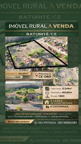 TERRENO RURAL À VENDA EM BATURITÉ/CE: 1,2 HECTARE, CASAS, 4 CISTERNAS E ÓTIMO POTENCIAL!!!