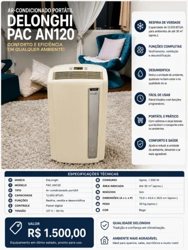Ar-condicionado portátil 12.000 BTUS De'Longhi Pinguino PAC AN120 - 127V