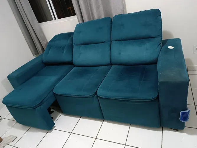Sofá retrátil e reclinável azul marinho 220cm 3 lugares com porta carregador de celular