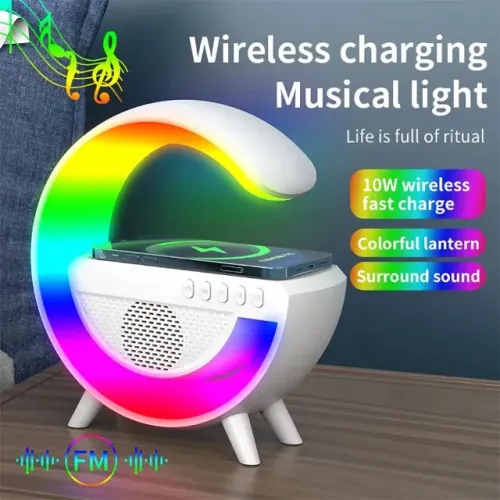 Caixa de som Bluetooth carregador por indução luminária e rádio fm tudo em 1 aparelho