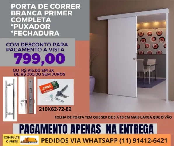 Porta correr 210 alt x82cm  larg  Batente  Bbg Eco - frete a/c