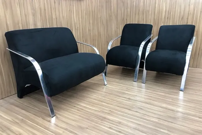 Conjunto de Poltronas 2x1x1 Lugares Preto Braço Alumínio