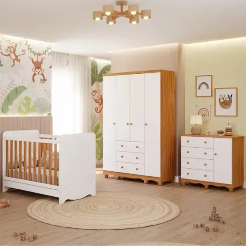 Quarto Infantil Junior 4 Portas com Berço Americano Ben, 100% MDF - Peroba