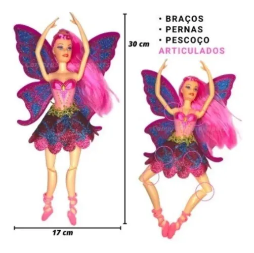 Boneca Bailarina Com Asas Borboleta Articulada Ballet 30cm