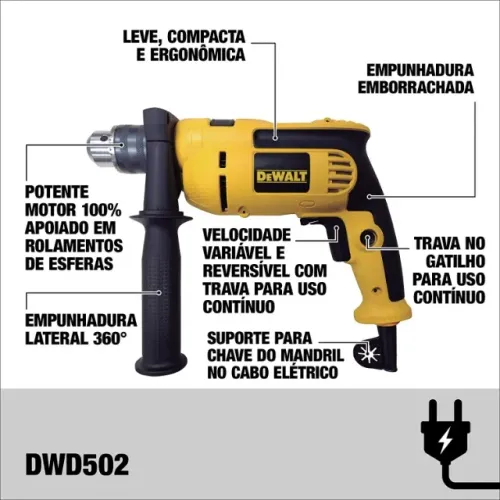Furadeira de Impacto 1/2'' (13 mm) Velocidade Variável e Reversível (220V) - Parcelado
