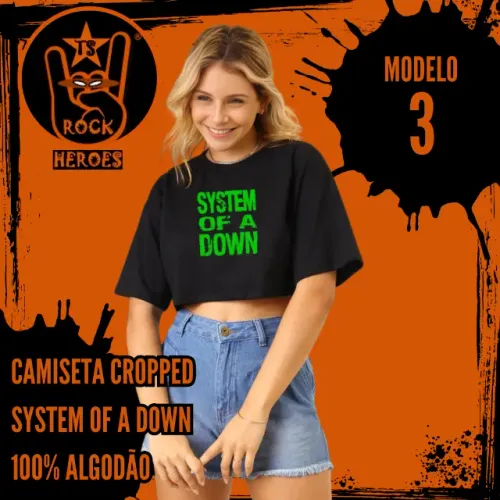 Camiseta Cropped System of a Down Feminina Preta Manga Curta Adulto