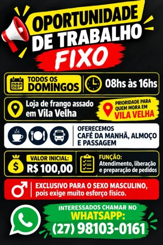 Oportunidade de trabalho fixo todo Domingo