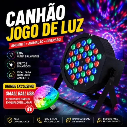 Canhão 36 Leds Jogo de Luz Colorido RGB Bivolt DMX strobo - Brinde Small Ball Usb
