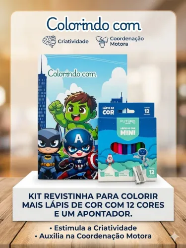 kit livrinho para colorir, revistinha, +apontador +lápis de cor com 12 cores.