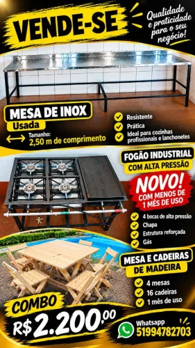 Combo para Restaurante: Mesa de Inox 2,5m + Fogão Industrial + 4 Mesas e 16 Cadeiras