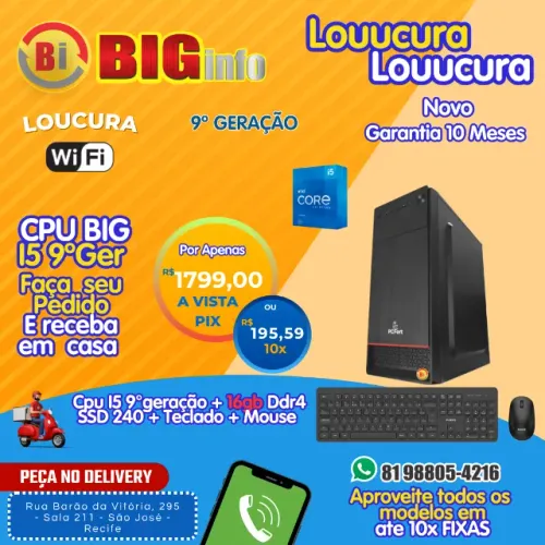 Computador BIG Gamer 9o Geração I5 9500 16gb Ddr4 Ssd 240gb - NOVO - NFe - Garantia
